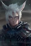  1boy artist_name bangs blue_eyes character_request chuby_mi closed_mouth facial_mark final_fantasy final_fantasy_xiv hair_between_eyes heterochromia highres looking_at_viewer male_focus red_eyes serious slit_pupils solo white_hair 