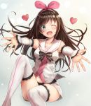  1girl ;d a.i._channel bangs blue_eyes blush bow bowtie breasts brown_hair detached_sleeves eyebrows_visible_through_hair feet_out_of_frame hairband happy heart irohakaede kizuna_ai knees_up lace lace-trimmed_sleeves lace-trimmed_thighhighs long_hair looking_at_viewer medium_breasts multicolored_hair navel one_eye_closed open_mouth outstretched_arm pink_hair sailor_collar shirt shorts sitting smile solo teeth thigh-highs 