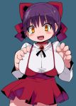  1girl :d blue_background blush breasts choker commentary_request dress eyebrows_visible_through_hair fangs fingernails gegege_no_kitarou hair_ribbon hands_up highres large_breasts long_sleeves looking_at_viewer nekomusume open_mouth orange_eyes pointy_ears purple_hair red_choker red_dress red_ribbon ribbon sharp_fingernails shirt short_hair simple_background slit_pupils smile solo standing white_shirt zankuro 