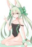  1girl :q absurdres alternate_costume animal_ears art556_(girls_frontline) bangs blush bow breasts brown_eyes cleavage collarbone eyebrows_visible_through_hair eyes_visible_through_hair facepaint fox_ears girls_frontline gradient gradient_background green_bow green_hair hair_between_eyes hair_bow hand_up highres leg_ribbon long_hair looking_at_viewer medium_breasts navel off_shoulder one-piece_swimsuit ribbon ru_zhai sidelocks simple_background sitting smile solo swimsuit thighs tongue tongue_out twintails very_long_hair wariza wrist_bow 