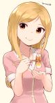  1girl bangs blonde_hair breasts buttons cardigan chewing chikuwa chopsticks closed_mouth dated dot_nose eating eyelashes food highres holding_chopsticks idolmaster idolmaster_million_live! jewelry long_hair looking_to_the_side momose_rio nagian necklace orange_eyes pink_cardigan shirt short_sleeves simple_background small_breasts smile solo swept_bangs upper_body white_shirt wing_collar yellow_background 