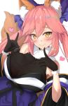  1girl animal_ears bare_shoulders blue_ribbon blush bow breasts cleavage commentary_request detached_sleeves fate/extra fate/grand_order fate_(series) fox_ears fox_shadow_puppet fox_tail hair_bow hair_ribbon heart japanese_clothes large_breasts looking_at_viewer pink_hair ribbon simple_background solo tail tamamo_(fate)_(all) tamamo_no_mae_(fate) untsue white_background yellow_eyes 