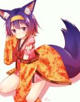  1girl :o animal_ears bangs blush bow collarbone commentary_request eyebrows_visible_through_hair floral_print fox_ears fox_girl fox_tail gradient_hair grey_background hair_between_eyes hair_intakes hatsuse_izuna headband highres japanese_clothes kimono looking_at_viewer mizutan64 multicolored_hair no_game_no_life orange_hair parted_lips pink_kimono print_kimono purple_hair red_bow short_hair short_kimono signature simple_background sitting sleeves_past_fingers sleeves_past_wrists solo tail violet_eyes 
