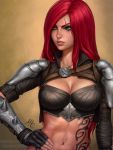  1girl 2017 armor breasts brown_background cleavage clenched_teeth commentary green_eyes hand_on_hip highres initial jewelry katarina_du_couteau league_of_legends long_hair looking_away medium_breasts mirco_cabbia navel necklace parted_lips redhead revision scar scar_across_eye solo teeth upper_body watermark web_address 