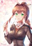  1girl :o artist_name bad_proportions blush breasts brown_hair character_name chinchongcha doki_doki_literature_club english green_eyes highres impossible_clothes large_breasts long_hair looking_at_viewer monika_(doki_doki_literature_club) pencil pink_background ponytail sidelocks solo upper_body 