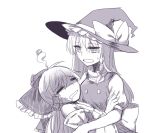  2girls =_= bow breasts carrying d: detached_sleeves drooling drunk giving_up_the_ghost hair_bow hair_tubes hakurei_reimu halo hangover hat holding hug keiko_(emoticon) kirisame_marisa large_bow long_hair monochrome multiple_girls open_mouth puffy_short_sleeves puffy_sleeves short_sleeves small_breasts sweat touhou vest witch_hat 
