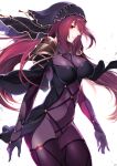  1girl annojou_haruto bodysuit breasts fate/grand_order fate_(series) highres large_breasts long_hair looking_at_viewer purple_bodysuit purple_hair red_eyes scathach_(fate/grand_order) solo veil 