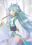  100 1girl absurdres eyebrows_visible_through_hair fan fate/grand_order fate_(series) green_hair hair_between_eyes hair_ornament highres holding holding_fan horns kiyohime_(fate/grand_order) long_hair smile solo thigh-highs yellow_eyes 