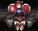  1girl :d asymmetrical_gloves bangs beckoning black_legwear blush brown_hair character_name commentary_request eyebrows_visible_through_hair fang full_body gaiters girls_frontline gloves gun haguruma_(hagurumali) hair_between_eyes hair_ribbon hairband head_tilt heart highres jewelry long_hair looking_at_viewer no open_mouth outstretched_arms red_eyes revision ribbon ring seiza sidelocks sitting smile solo spread_arms strap tail thigh-highs thighhigh_gaiters type_79_(girls_frontline) type_79_smg weapon weapon_on_back wedding_band white_ribbon yes yes-no_pillow 