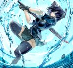  1girl black_hair eyepatch full_body gloves green_eyes headgear highres kantai_collection looking_at_viewer miniskirt no_panties partly_fingerless_gloves short_hair skirt sleeves_rolled_up solo sword tenryuu_(kantai_collection) thigh-highs tuskryo water weapon 