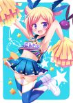  1girl :3 :d armpits bangs bare_arms blonde_hair blue_background blue_ribbon blue_skirt blush character_name collarbone collared_shirt commentary_request crop_top double_bun eyebrows_visible_through_hair full_body hair_ribbon looking_at_viewer midriff monster_strike multicolored multicolored_clothes multicolored_legwear navel open_mouth outstretched_arm parted_bangs pleated_skirt pom_poms ribbon shirt shoes sidelocks skirt sleeveless sleeveless_shirt smile solo star starry_background thigh-highs tsubaki_(tubaki763) two-tone_background violet_eyes white_background white_footwear 