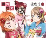  2018 :d =_= ahoge anibache asymmetrical_bangs bangs blue_eyes blue_kimono blush brown_hair calligraphy_brush closed_mouth expressionless face_painting facepaint floral_print flower frown grin hagoita hair_flower hair_ornament hairclip hanetsuki holding_brush ink japanese_clothes kimono light_frown long_sleeves looking_to_the_side love_live! love_live!_sunshine!! low_ponytail obi open_mouth orange_hair paddle paintbrush pink_kimono print_kimono raised_eyebrows red:border red_eyes red_flower red_kimono redhead sakurauchi_riko sash short_hair simple_background smile sweatdrop swept_bangs takami_chika teeth translated upper_body watanabe_you wavy_mouth white_background wide_sleeves yukata 