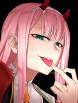  1girl black_background darling_in_the_franxx eyeshadow face fingernails green_eyes hairband half-closed_eyes horns i-pan licking_lips long_hair looking_at_viewer makeup necktie pink_hair saliva shirt simple_background smile solo tongue tongue_out upper_body zero_two_(darling_in_the_franxx) 