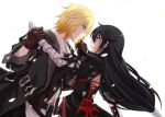  1boy 1girl bandage bandaged_arm belt black_coat black_hair blonde_hair blue_eyes brown_gloves closed_mouth cowboy_shot eizen_(tales) eye_contact gloves long_hair looking_at_another low-tied_long_hair profile saklo simple_background smile tales_of_(series) tales_of_berseria velvet_crowe white_background wrist_grab yellow_eyes 