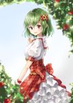 1girl adapted_costume blue_sky blurry blurry_background bow breasts day dress flower frills from_side green_hair hair_between_eyes hair_bow hand_up kazami_yuuka large_breasts looking_at_viewer outdoors petticoat puffy_short_sleeves puffy_sleeves red_bow red_dress red_eyes red_ribbon ribbon shironeko_yuuki short_sleeves sky smile solo sunflower touhou underbust wrist_ribbon 