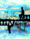  absurdres ambiguous_gender bench bicycle bicycle_basket clouds commentary_request different_reflection full_moon grass ground_vehicle harada_miyuki highres moon original reflection silhouette sitting symmetry 