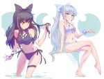  2girls arm_at_side arm_strap bare_arms bare_legs barefoot bikini black_bikini black_hair black_ribbon blake_belladonna blue_bikini blue_bow blue_eyes blush bow breasts closed_mouth eyebrows eyebrows_visible_through_hair facial_scar front-tie_bikini front-tie_top hair_bow highres iesupa jewelry leaning_forward legs_crossed liquid long_hair looking_at_viewer looking_to_the_side medium_breasts multiple_girls navel necklace pendant ponytail ribbon rwby scar scar_across_eye scrunchie side-tie_bikini sitting small_breasts smile stomach stomach_scar swimsuit thigh_strap two-tone_background very_long_hair wading weiss_schnee white_hair wrist_scrunchie yellow_eyes 