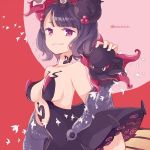  1girl animal bangs bare_shoulders black_dress blunt_bangs breasts collarbone dress eyebrows eyebrows_visible_through_hair eyelashes facing_away fate/grand_order fate_(series) fingernails grin hair_ornament katsushika_hokusai_(fate/grand_order) kobayashi_kabura medium_breasts octopus purple_hair sea_anemone short_hair smile solo strapless strapless_dress teeth twitter_username violet_eyes 