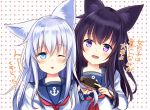  2girls :d ;o akatsuki_(kantai_collection) anchor_symbol animal_ears bangs blush comb combing eyebrows_visible_through_hair fang fox_ears hair_between_eyes head_tilt hibiki_(kantai_collection) holding holding_hair kantai_collection kemonomimi_mode long_hair long_sleeves looking_at_viewer motohara_moka multiple_girls neckerchief one_eye_closed open_mouth polka_dot polka_dot_background red_neckwear school_uniform serafuku shiny shiny_hair shirt sidelocks silver_hair smile straight_hair tareme translation_request upper_body white_shirt 