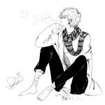  1boy barefoot black_pants character_request cigarette copyright_request full_body hand_up looking_to_the_side male_focus monochrome pants para_sitism scarf signature sitting smoke_ring smoking 