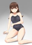  1girl 30-06 breasts brown_eyes brown_hair competition_school_swimsuit grey_background highres kantai_collection long_hair looking_at_viewer ooi_(kantai_collection) open_mouth school_swimsuit sitting solo swimsuit 