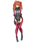  1girl bertha_bernstein blonde_hair bodysuit eyebrows_visible_through_hair fang full_body gloves gradient_hair hairband hands_together holster long_hair looking_at_viewer multicolored_hair official_art redhead solo strap_pull super_robot_wars super_robot_wars_x-omega thigh_holster transparent_background twintails v_arms watanabe_wataru 