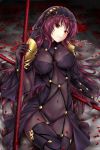  1girl armor artist_name bangs bodysuit breasts covered_navel fate/grand_order fate_(series) gae_bolg highres holding holding_weapon large_breasts long_hair looking_at_viewer lying on_back pauldrons polearm purple_bodysuit purple_hair red_eyes rei_kun scathach_(fate/grand_order) shoulder_armor solo spear veil very_long_hair watermark weapon web_address 