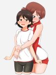  2girls arm_grab bangs bike_shorts black_shorts blush brown_eyes brown_hair cowboy_shot cropped_legs eyebrows_visible_through_hair girls_und_panzer grey_background groin gym_shirt gym_uniform highres hug hug_from_behind isobe_noriko kawanishi_shinobu looking_at_viewer looking_to_the_side multiple_girls open_mouth red_shirt red_shorts shirt short_hair short_ponytail short_shorts short_sleeves shorts sleeveless sleeveless_shirt sportswear standing sweatdrop swept_bangs t-shirt uasi volleyball_uniform wavy_mouth white_shirt yuri 