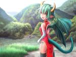  :d ass black_legwear brown_eyes day draco_centauros dragon_girl dragon_tail dragon_wings fangs gloves grass green_hair hill horns looking_at_viewer mizutani_yuuko open_mouth outdoors pointy_ears puyopuyo short_hair signature smile standing tail white_gloves wings yanzikatu 