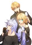  1girl 2boys adjusting_another&#039;s_hair ahoge alternate_costume aqua_eyes artoria_pendragon_(all) blonde_hair blue_eyes commentary_request cup fate/grand_order fate/prototype fate/stay_night fate_(series) holding long_hair long_sleeves merlin_(fate/stay_night) multiple_boys open_mouth pepper_fever ponytail saber_(fate/prototype) saber_lily smile violet_eyes white_hair 