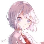  1girl artist_name bangs bell chaji_xiao_bai commentary_request dated jingle_bell looking_at_viewer open_mouth original parted_lips portrait shirt short_hair signature simple_background solo white_background white_eyes white_hair white_shirt 