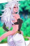  1girl alternate_form android_21 android_21_(evil) black_sclera bracelet dragon_ball dragon_ball_fighterz from_behind hands_on_hips harem_pants highres jewelry long_hair looking_back majin_android_21 monster_girl pants pink_skin pointy_ears red_eyes redhead smile solo spiky_hair spoilers tail wallace_pires 