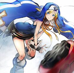  1boy bike_shorts black_gloves blonde_hair blue_eyes blush bridget_(guilty_gear) cross fingerless_gloves gloves guilty_gear guilty_gear_xrd hair_between_eyes highres long_hair male_focus nishiide_kengorou nun smile solo trap yo-yo 