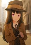  1girl backlighting bangs black_gloves black_hair black_jacket black_neckwear blunt_bangs blurry blurry_background brown_hat building buttons city closed_mouth coat commission day depth_of_field detective eyebrows_visible_through_hair gloves hat highres holding holding_pen jacket kirimatsu light_particles long_hair long_sleeves looking_at_viewer necktie open_clothes open_coat original outdoors road serious solo street upper_body violet_eyes wing_collar writing 