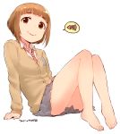  1girl arm_support bangs bare_legs barefoot blunt_bangs brown_cardigan brown_eyes brown_hair cardigan closed_mouth collared_shirt dated dot_nose eyebrows_visible_through_hair full_body grey_skirt idolmaster idolmaster_cinderella_girls kitami_yuzu knees_together_feet_apart knees_up leaning_back looking_at_viewer nagian necktie pleated_skirt red_neckwear school_uniform shiny shiny_hair shirt short_hair sitting skirt smile solo speech_bubble tareme tongue tongue_out white_shirt 