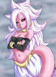  &gt;:d 1girl ahoge android_21 android_21_(evil) baggy_pants bandeau black_nails black_sclera bocodamondo bracelet breasts cleavage crossed_arms dragon_ball dragon_ball_fighterz earrings harem_pants highres hoop_earrings jewelry long_hair looking_at_viewer majin_android_21 medium_breasts monster_girl nail_polish navel open_mouth pants pink_skin pointy_ears red_eyes smile solo strapless tail tubetop very_long_hair white_hair 