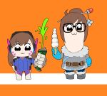  2girls :3 absurdres belt black-framed_eyewear blue_gloves bodysuit boots brown_eyes brown_hair closed_mouth coat commentary d.va_(gremlin) d.va_(overwatch) eyebrows_visible_through_hair facial_mark fur_trim glasses gloves grey_footwear hair_bun hair_ornament hairpin headphones highres holding ice_cream_cone kion-kun long_sleeves looking_at_viewer mei_(overwatch) monster_energy multiple_girls orange_background overwatch poptepipic pouch simple_background veins white_gloves winter_clothes winter_coat 