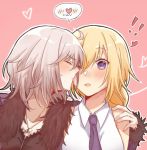  !! 2girls bare_shoulders blonde_hair blush breasts cheek_kiss cleavage closed_eyes eyebrows_visible_through_hair fate/apocrypha fate/grand_order fate_(series) grey_hair hand_on_another&#039;s_shoulder heart jeanne_d&#039;arc_(alter)_(fate) jeanne_d&#039;arc_(fate) jeanne_d&#039;arc_(fate)_(all) jewelry kiss long_hair multiple_girls necklace necktie pink_background purple_neckwear raised_eyebrows sketch sweatdrop violet_eyes yukari_(bryleluansing) yuri 