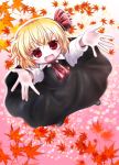  1girl autumn_leaves black_footwear black_skirt blonde_hair cravat dress_shirt eyelashes fang flying foreshortening gradient gradient_background hair_ribbon leaf long_sleeves looking_at_viewer maple_leaf open_hands open_mouth outstretched_arms pink_background reaching_out red_eyes red_neckwear ribbon rumia shirt short_hair skirt solo touhou tsukiori_sasa waistcoat 