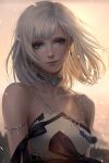 1girl armlet artist_name artstation_sample bare_shoulders blue_eyes blurry blurry_background choker chuby_mi closed_mouth collarbone dress earrings final_fantasy final_fantasy_xiv highres hyur image_sample jewelry lips looking_at_viewer necklace short_hair smile solo strapless strapless_dress upper_body white_hair wind 