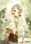  1girl angel_wings bag brown_legwear candle candlestand green_eyes grey_hair handbag looking_at_viewer medium_hair official_art original plaid plaid_skirt qurare_magic_library siloteddy skirt solo standing table thigh-highs white_flowers wings 