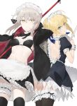  2girls apron arm_up artoria_pendragon_(all) artoria_pendragon_(swimsuit_rider_alter) backless_outfit bangs bikini black_bikini black_skirt blonde_hair blush breasts dress eyebrows_visible_through_hair fate/grand_order fate_(series) frilled_apron frills green_eyes grey_hair hair_between_eyes hayashi_kewi hood hoodie leg_garter looking_at_viewer maid maid_bikini maid_headdress mop multiple_girls navel open-back_dress open_clothes open_hoodie parted_lips saber saber_alter sidelocks silver_hair simple_background skirt small_breasts smile swimsuit thigh-highs tsurime v-shaped_eyebrows waist_apron white_background wrist_cuffs yellow_eyes 