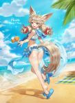  1girl absurdres ahoge animal_ears artist_name ass beach blade_&amp;_soul blue_eyes bow breasts brown_hair cat_ears commentary day flower hair_bow highres innertube light_brown_hair long_hair looking_back low_twintails lyn_(blade_&amp;_soul) ocean sailor_collar sandals small_breasts smile solo star star-shaped_pupils swimsuit symbol-shaped_pupils tankini twintails wonst92 