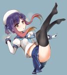  1girl black_legwear blue_background blue_neckwear blue_ribbon blue_skirt full_body gloves gradient_hair hat highres kantai_collection legs_up looking_at_viewer multicolored_hair neckerchief orange_hair pleated_skirt puffy_short_sleeves puffy_sleeves purple_hair ribbon school_uniform serafuku short_hair short_hair_with_long_locks short_sleeves simple_background skirt solo takaoka_nanase thigh-highs tsushima_(kantai_collection) violet_eyes white_gloves 
