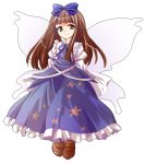  1girl alphes_(style) bangs blue_bow blue_ribbon blue_shirt blue_skirt blunt_bangs bow brown_eyes brown_footwear brown_hair closed_mouth dairi eyebrows eyebrows_visible_through_hair fairy fairy_wings frilled_bow frilled_skirt frills hair_bow juliet_sleeves loafers long_hair long_skirt long_sleeves parody puffy_long_sleeves puffy_sleeves ribbon shirt shoes skirt skirt_set smile solo star_sapphire straight_hair style_parody tachi-e touhou wings 