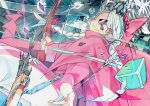  1girl arrow blue_eyes bow bow_(weapon) braid cape closed_mouth cube dutch_angle eyebrows eyebrows_visible_through_hair facial_mark flower frown hair_bow holding holding_arrow holding_bow_(weapon) holding_weapon long_hair long_sleeves marker_(medium) pants pink_bow pink_cape pink_pants pink_shirt pointy_ears quiver shirt shooting_flower sideways_mouth solo specialist_(shooting_flower) suraba teardrop traditional_media tsurime twin_braids weapon white_hair 