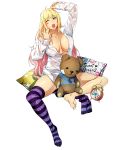  1girl alarm_clock arm_up barefoot blonde_hair blush_stickers clock eyebrows_visible_through_hair forearm_at_chest full_body gradient_hair long_hair long_sleeves multicolored_hair no_bra no_shoes official_art open_clothes open_mouth open_shirt pillow pink_hair shatte_judevesten shiny shiny_skin shirt solo star star_print striped striped_legwear stuffed_animal stuffed_toy super_robot_wars super_robot_wars_x-omega teddy_bear thigh-highs transparent_background unbuttoned upper_teeth watanabe_wataru wince 