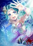  1girl :d air_bubble aqua_hair arm_up bare_shoulders blue_eyes blush bracelet breasts bubble coral fantasy ichino_tomizuki jewelry long_hair looking_at_viewer medium_breasts mermaid monster_girl navel necklace open_mouth original seashell_hair_ornament smile starfish_hair_ornament sunlight tropical_fish underwater 