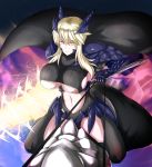  1girl artist_request artoria_pendragon_(all) artoria_pendragon_(lancer_alter) bangs black_gloves black_legwear blonde_hair braid breasts cape closed_mouth dark_persona fate/grand_order fate_(series) french_braid gauntlets gloves gradient gradient_background headgear highleg highleg_leotard highres holding holding_weapon horns huge_breasts lance leotard looking_at_viewer mature midriff navel outdoors parted_lips pauldrons polearm riding sky solo star stomach tareme teeth thigh-highs tied_hair under_boob weapon yellow_eyes 