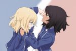  2girls andou_(girls_und_panzer) angry bangs bc_freedom_military_uniform black_hair blonde_hair blue_eyes blue_jacket blue_vest blurry blurry_background blush brown_eyes clothes_grab dark_skin eyebrows_visible_through_hair flag_background french_flag from_side girls_und_panzer glaring grimace highres jacket long_sleeves looking_at_another medium_hair multiple_girls nose_pinch open_mouth oshida_(girls_und_panzer) standing sweat uasi upper_body vest 